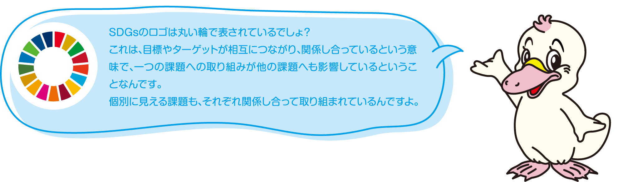 SDGsのロゴは丸い輪で表されているでしょ？
これは、目標やターゲットが相互につながり、関係し合っているという意味で、一つの課題への取り組みが他の課題へも影響しているということなんです。
個別に見える課題も、それぞれ関係し合って取り組まれているんですよ。