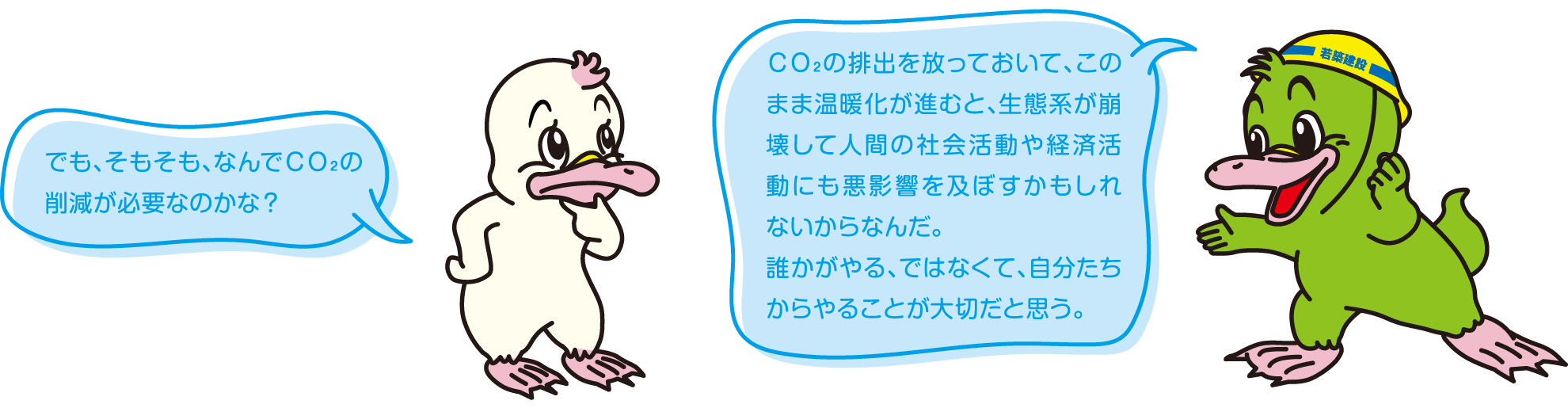 そもそも、なんでＣＯ₂の削減が必要なの？ ＣＯ₂の排出を放っておいて、このまま温暖化が進むと、生態系が崩壊して人間の社会活動や経済活動にも悪影響を及ぼすかもしれないからなんだ。
誰かがやる、ではなくて、自分たちからやることが大切だと思う。