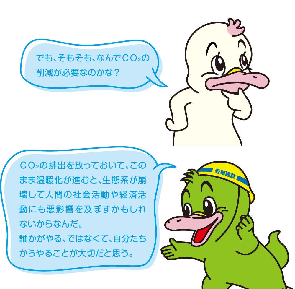 そもそも、なんでＣＯ₂の削減が必要なの？ ＣＯ₂の排出を放っておいて、このまま温暖化が進むと、生態系が崩壊して人間の社会活動や経済活動にも悪影響を及ぼすかもしれないからなんだ。
誰かがやる、ではなくて、自分たちからやることが大切だと思う。