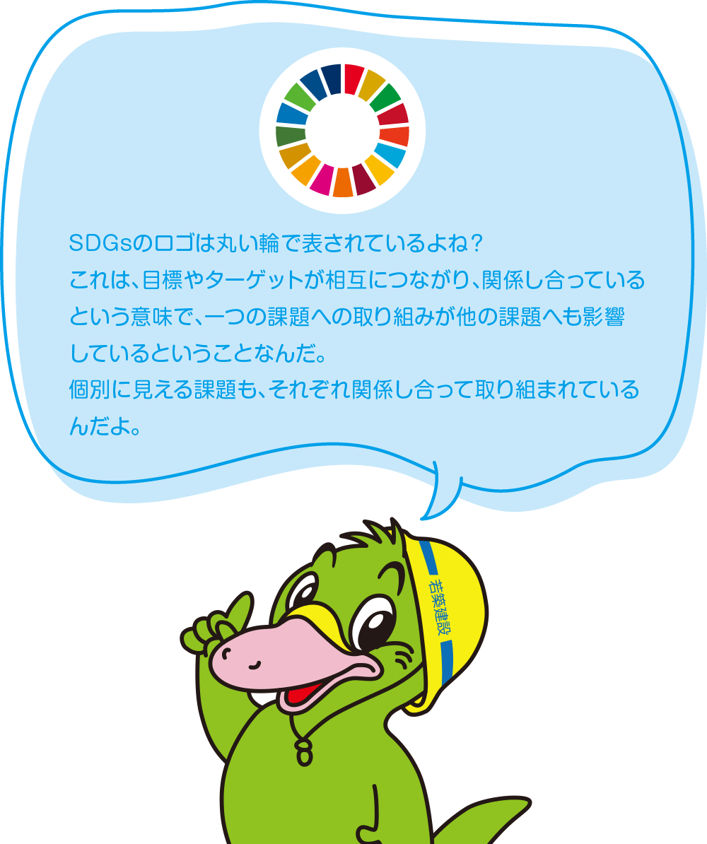 SDGsのロゴは丸い輪で表されているでしょ?
これは、目標やターゲットが相互につながり、関係し合っているという意味で、一つの課題への取り組みが他の課題へも影響しているということなんです。
個別に見える課題も、それぞれ関係し合って取り組まれているんですよ。