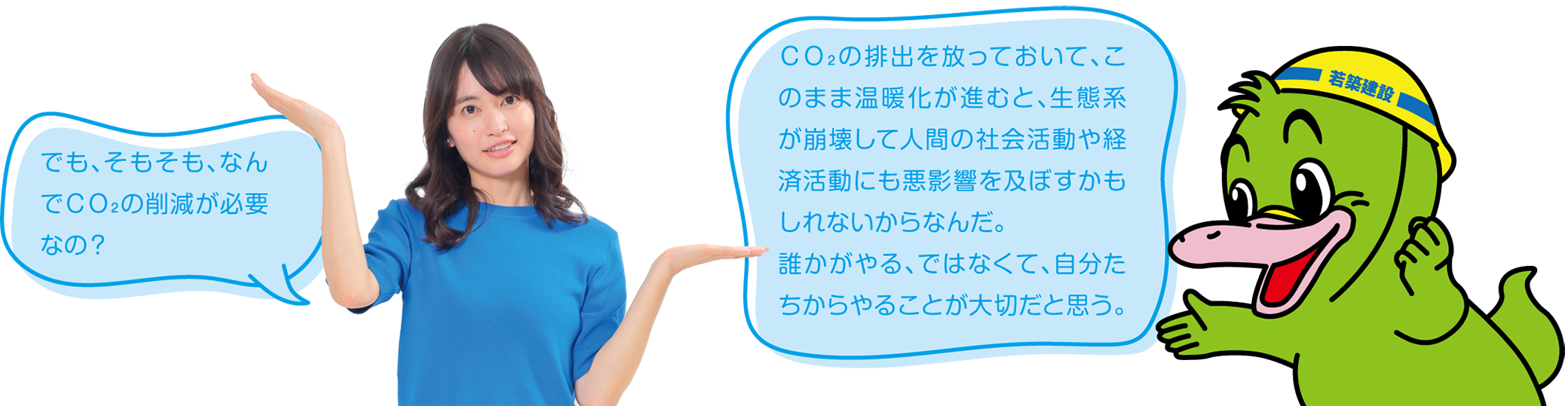 そもそも、なんでCO₂の削減が必要なの? CO₂の排出を放っておいて、このまま温暖化が進むと、生態系が崩壊して人間の社会活動や経済活動にも悪影響を及ぼすかもしれないからなんだ。
誰かがやる、ではなくて、自分たちからやることが大切だと思う。