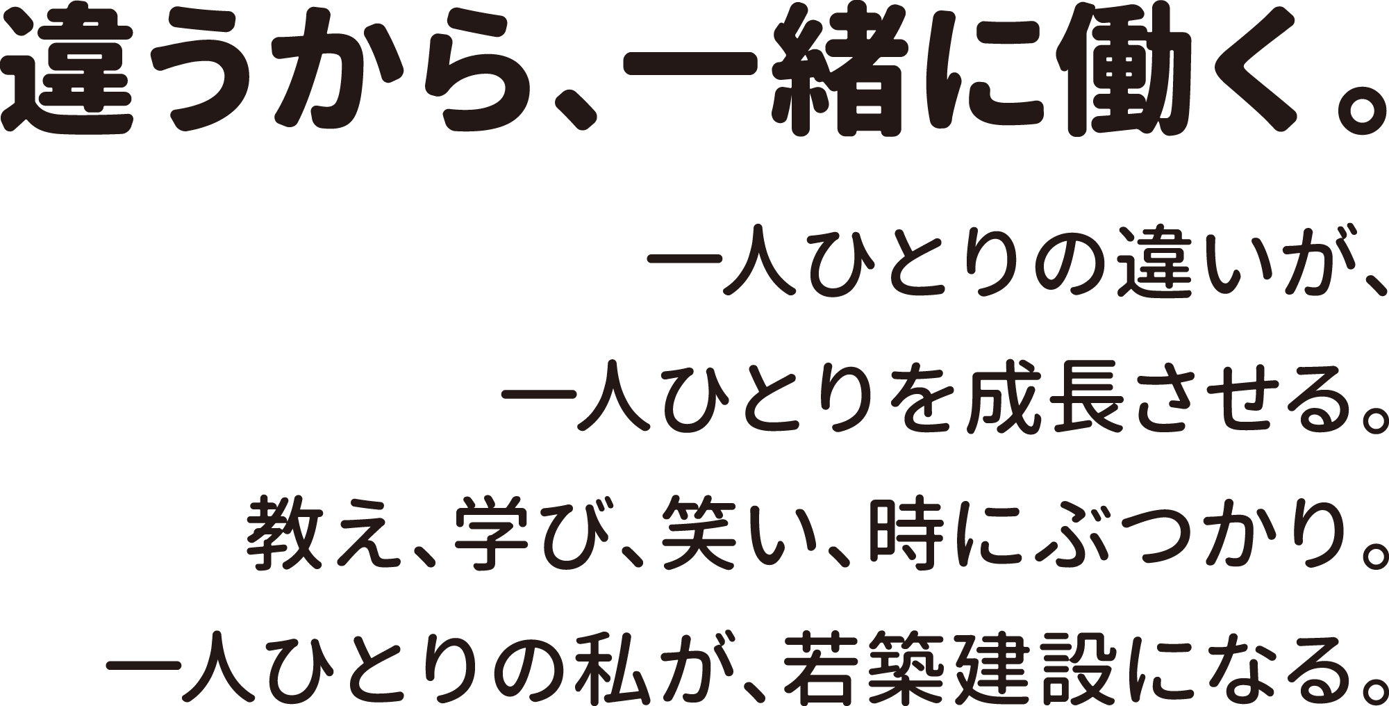 違うから、一緒に働く。一人ひとりの違いが、一人ひとりを成長させる。教え、学び、笑い、時にぶつかり。一人ひとりの私が、若築建設になる。